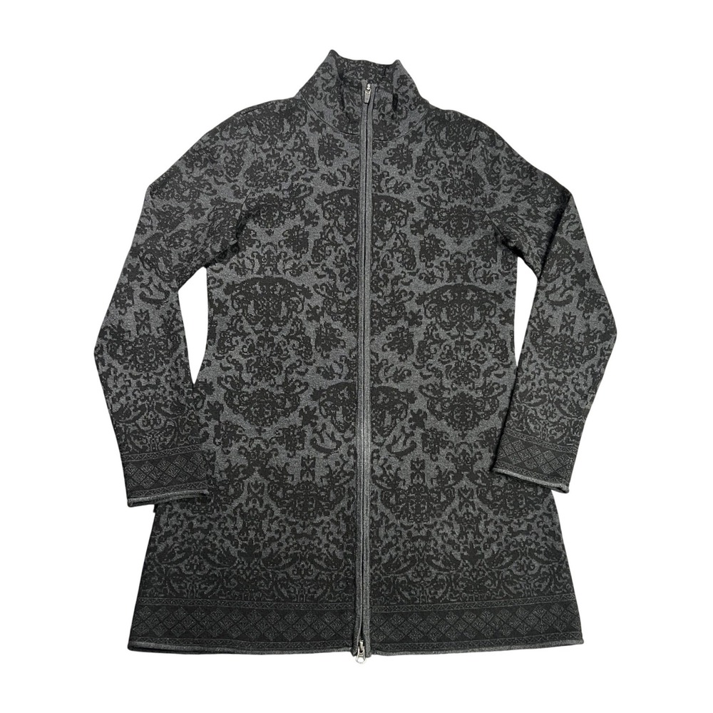 Cynthia Rowley Womens Large Grey Black Damask Jacquard Full Zip Cardigan Sweater